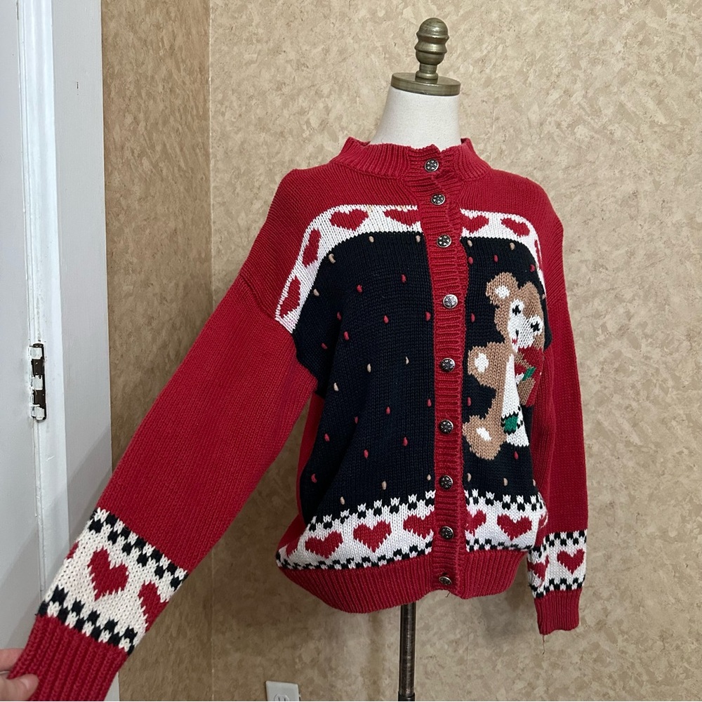 VTG 80s Red Heart Teddy Bear Novelty Chunky Knit Christmas Sweater Cardigan